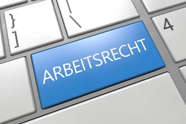 Arbeitsrecht - palavra alemã para o direito do trabalho - teclado 3d ilustração renderização com palavra na chave azul — Fotografia de Stock